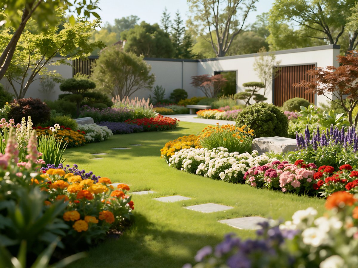 Contemporary garden with square stepping stones, lush lawn, and flowering beds