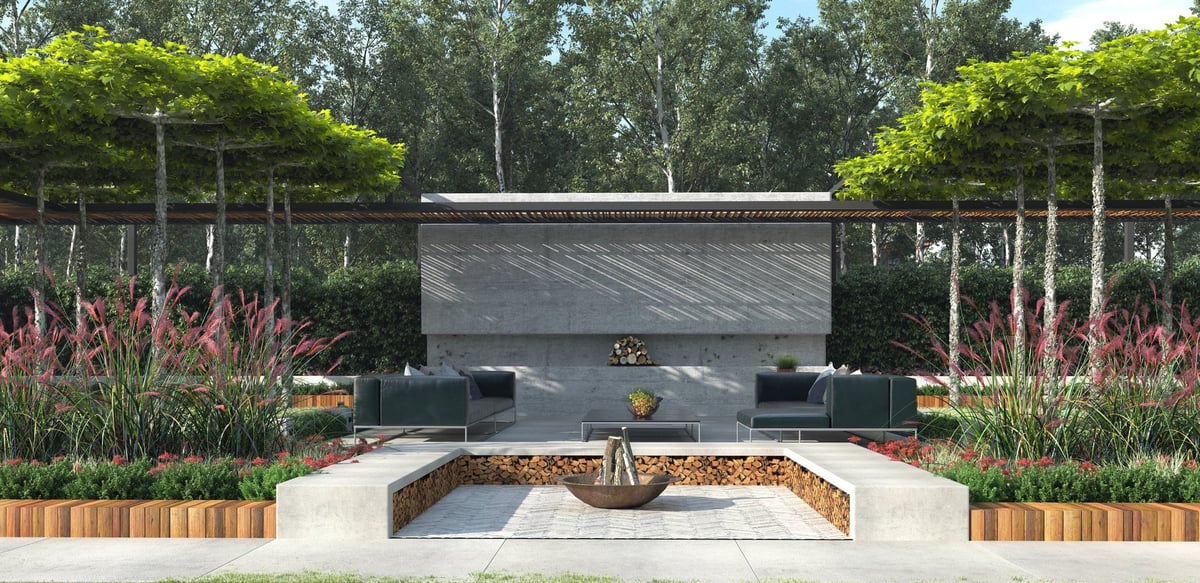 Contemporary outdoor lounge with fire pit and modern sofas