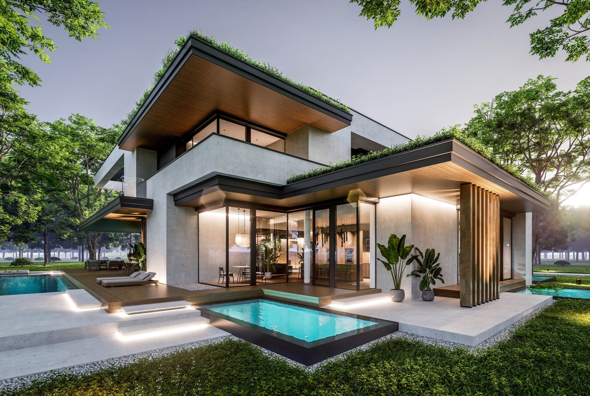 Contemporary two-story home with pool and beautiful landscaping